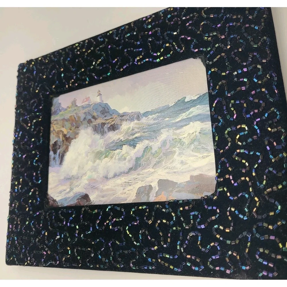 Beaded Picture Frame Black Iridescent Holds 4x6 Photo Coastal Gothic Decor
